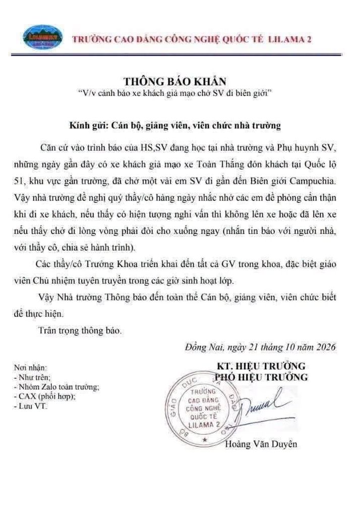 Thông báo khẩn từ Trường Cao đẳng Công nghệ Quốc tế LILAMA 2. Ảnh: Trường Cao đẳng Công nghệ Quốc tế LILAMA 2