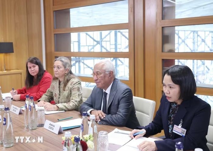 Chủ tịch Hội đồng châu Âu Antonio Costa phát biểu tại cuộc gặp hẹp Tổng Bí thư, Chủ tịch nước Tô Lâm trước hội đàm. (Ảnh: Thống Nhất/TTXVN)