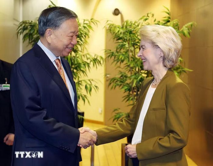 Tổng Bí thư, Chủ tịch nước Tô Lâm gặp Chủ tịch Ủy ban châu Âu Ursula von der Leyen. (Ảnh: Thống Nhất/TTXVN)