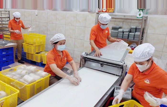 Sản xuất phở khô tại Công ty Xuất nhập khẩu nông sản thực phẩm Việt Nam (phường Hoàng Mai) do đảng viên Trần Thị Thu Hằng làm giám đốc. Ảnh: Bảo Hân