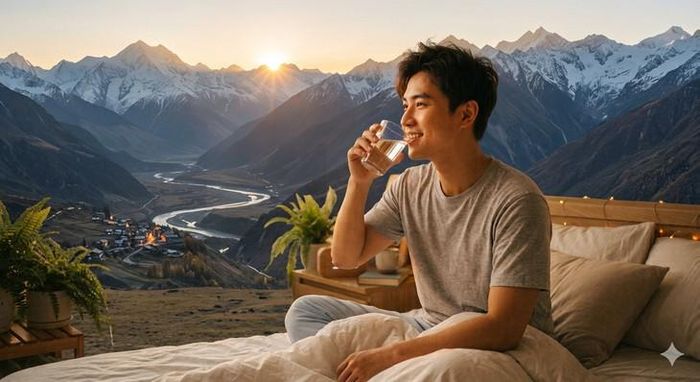 Hãy uống vừa đủ, tiếp tục bổ sung nước trong ngày và điều chỉnh theo mức vận động, thời tiết. Ảnh AI