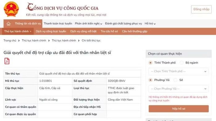 Giải quyết chế độ trợ cấp ưu đãi đối với thân nhân liệt sĩ là một trong các dịch vụ công đủ điều kiện cung cấp dịch vụ công trực tuyến toàn trình được Bộ Nội vụ công bố.