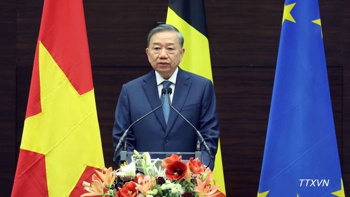 Tổng Bí thư, Chủ tịch nước Tô Lâm phát biểu chính sách tại Viện Quan hệ quốc tế Hoàng gia Egmont. (Ảnh: TTXVN)