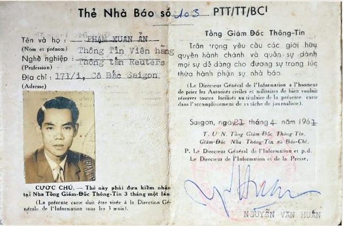 Thẻ nhà báo khi ông Phạm Xuân Ẩn làm phóng viên cho hãng thông tấn Reuters.