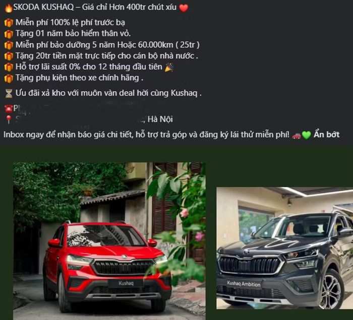 Một đại lý tại Hà Nội chào bán Skoda Kushaq với giá ưu đãi chỉ từ hơn 400 triệu đồng - Ảnh chụp màn hình
