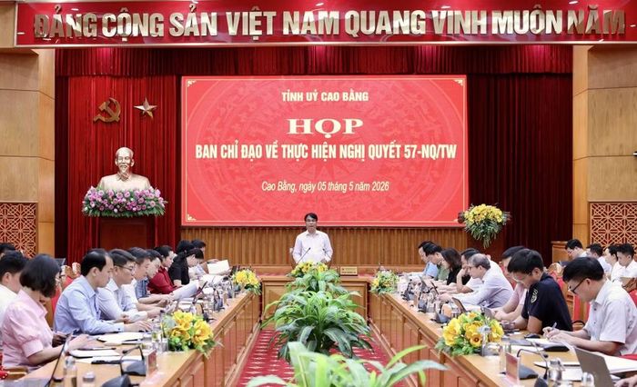 Bí thư Tỉnh ủy, Chủ tịch HĐND tỉnh Cao Bằng Phan Thăng An phát biểu tại cuộc họp Ban chỉ đạo về thực hiện Nghị quyết 57-NQ/TW hồi tháng 5/2026 - Ảnh: CB.