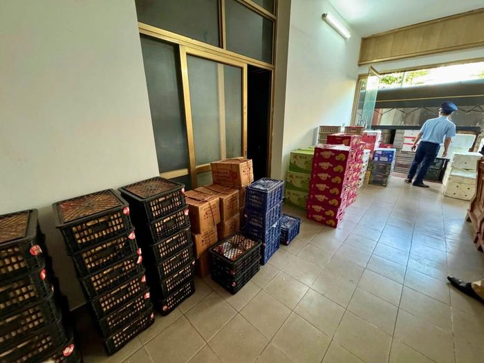 Hoa quả được đóng trong các thùng, sọt tại địa điểm kiểm tra.