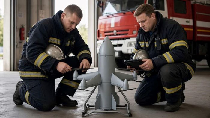 Máy bay không người lái UAV Kamikaze dùng để dập lửa có thân hình thon dài, giống như tên lửa. Ảnh minh họa do AI thực hiện
