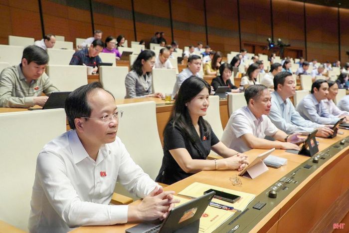 Đồng chí Nguyễn Duy Lâm - Ủy viên Trung ương Đảng, Bí thư Tỉnh ủy, Trưởng đoàn ĐBQH tỉnh Hà Tĩnh và Đoàn ĐBQH Hà Tĩnh dự phiên họp tại hội trường.