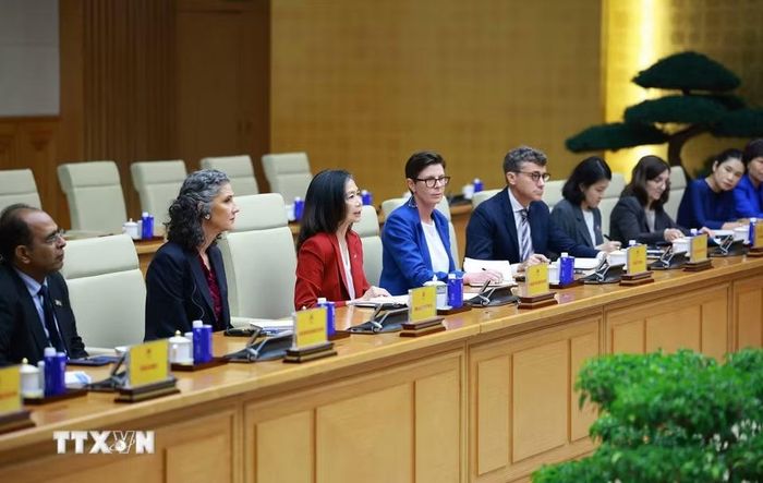 Bà Pauline Tamesis, Điều phối viên Thường trú Liên hợp quốc tại Việt Nam và Trưởng đại diện các tổ chức Liên hợp quốc tại Việt Nam tham dự buổi tiếp. (Ảnh: Dương Giang/TTXVN)