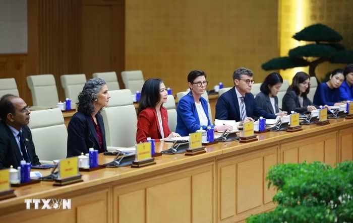 Bà Pauline Tamesis, Điều phối viên Thường trú Liên hợp quốc tại Việt Nam và Trưởng đại diện các tổ chức Liên hợp quốc tại Việt Nam tham dự buổi tiếp. (Ảnh: Dương Giang/TTXVN)