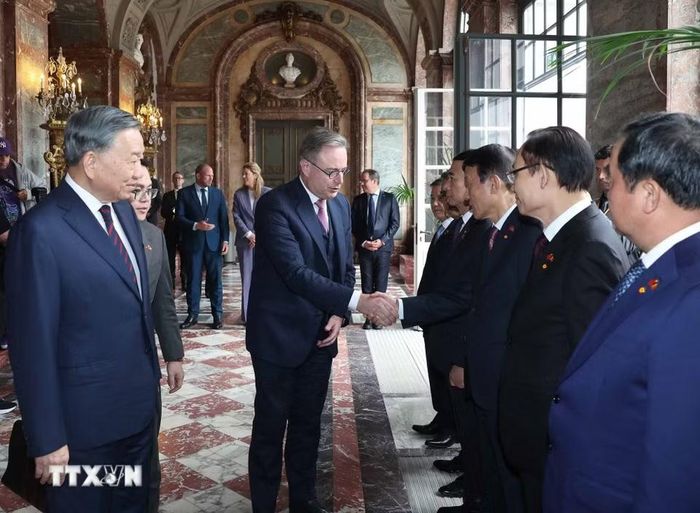 Tổng Bí thư, Chủ tịch nước Tô Lâm giới thiệu thành viên đoàn cấp cao Việt Nam với Thủ tướng Bỉ Bart De Wever. (Ảnh: Thống Nhất/TTXVN)