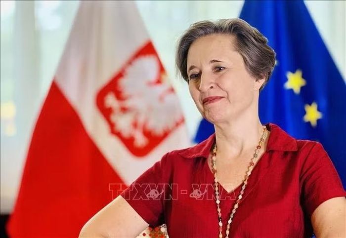 Đại sứ Cộng hòa Ba Lan tại Việt Nam Joanna Skoczek trả lời phỏng vấn của phóng viên Thông tấn xã Việt Nam.
