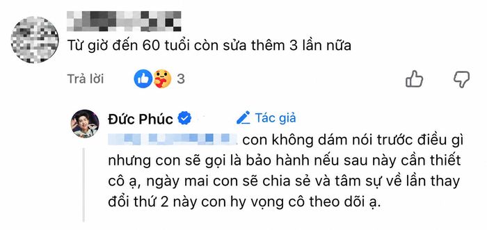 Đức Phúc đáp trả một bình luận nói đến chuyện thay đổi ngoại hình của anh trên mạng xã hội. Ảnh: FBNV