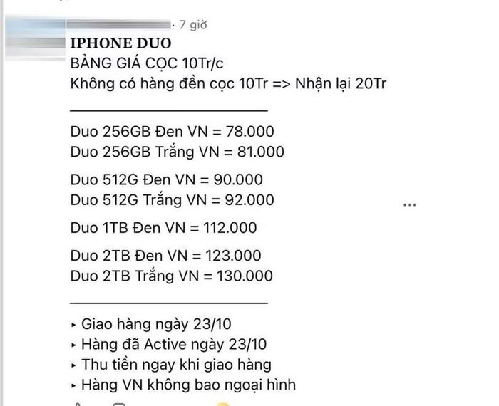 Bài đăng rao bán iPhone Duo với giá cao hơn niêm yết hàng chục triệu đồng trong sáng 23/10. Ảnh chụp màn hình.