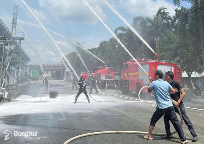 Các lực lượng phối hợp tham gia thực tập phương án chữa cháy và cứu nạn, cứu hộ tại công ty.