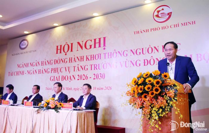 Chủ tịch Liên đoàn Doanh nghiệp thành phố Đồng Nai Đặng Văn Điềm trình bày tham luận tại hội nghị. Ảnh: Hải Quân