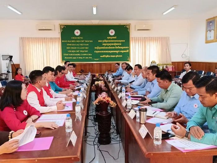  Đoàn công tác của Hội Chữ thập đỏ tỉnh làm việc cùng Hội Chữ thập đỏ tỉnh Ratanakiri. Ảnh: Đơn vị cung cấp 