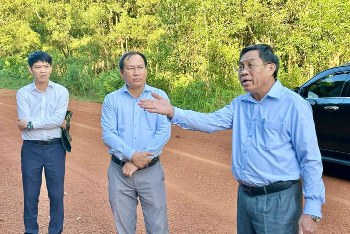 Phó Chủ tịch UBND tỉnh Võ Ngọc Hiệp (bên phải) yêu cầu tính toán lại phương án khai thác rừng keo, sớm bàn giao mặt bằng thi công khu tái định cư phục vụ dự án Cao tốc Gia Nghĩa - Chơn Thành