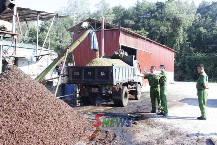 Lực lượng Công an kiểm tra hoạt động của cơ sở chế biến cà phê tại phường Chiềng Sinh.