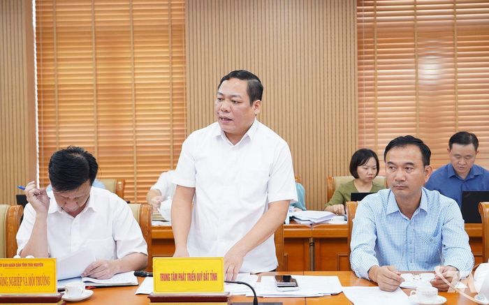 Lãnh đạo Trung tâm Phát triển quỹ đất tỉnh báo cáo tại Hội nghị.