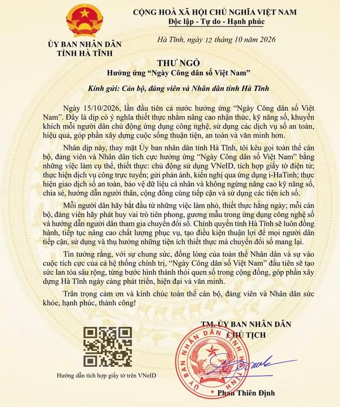 Thư ngỏ của Chủ tịch UBND tỉnh Hà Tĩnh Phan Thiên Định hưởng ứng Ngày Công dân số Việt Nam (15/10)