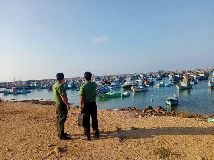 Cán bộ Công an kiểm tra nơi neo đậu của các tàu thuyền.