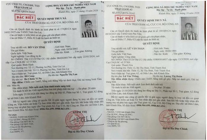 Các quyết định truy nã đặc biệt đối với Hồ Văn Tình và Lữ Văn Toàn.