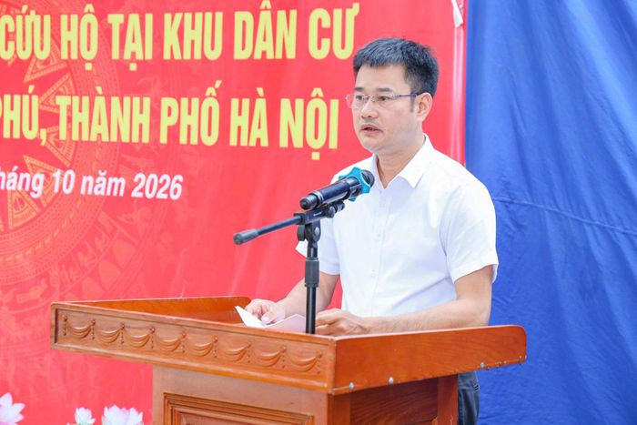 Phó Chủ tịch UBND xã Kiều Phú Phan Trung Cường phát biểu khai mạc diễn tập. Ảnh: Đức Hùng