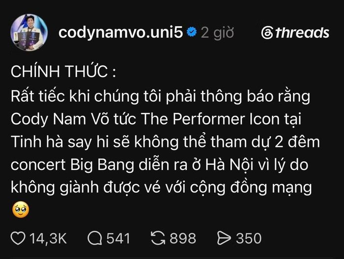 "Anh trai" Cody Nam Võ "cheap moment" với nhiều V.I.P vì không săn được vé xem BIGBANG.