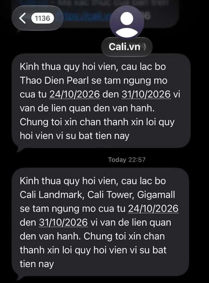  Thông báo từ hệ thống California Fitness & Yoga tối 23/10. Ảnh: NVCC. 