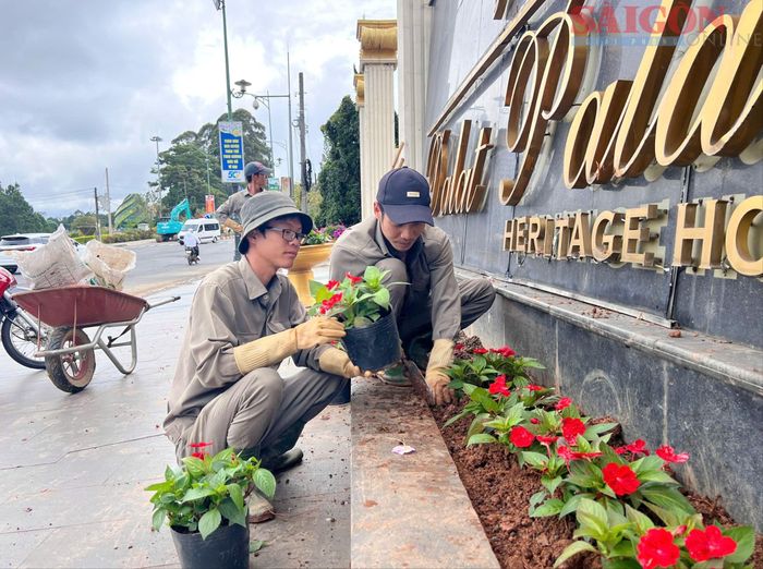  Trồng hoa trước khuôn viên khách sạn trên đường Hồ Tùng Mậu. Ảnh: ĐOÀN KIÊN 