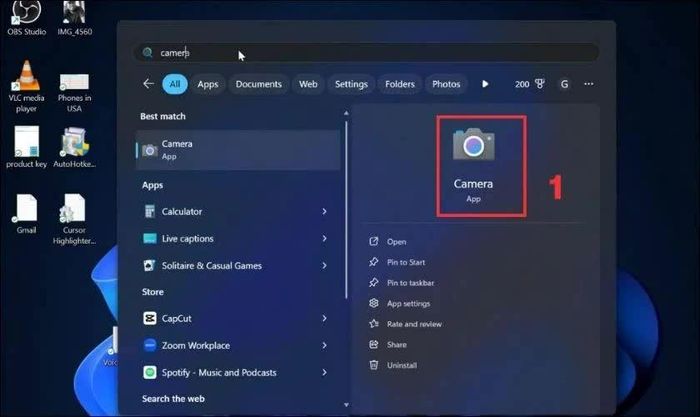Nhấn phím Windows trên bàn phím, nhập từ khóa Camera.