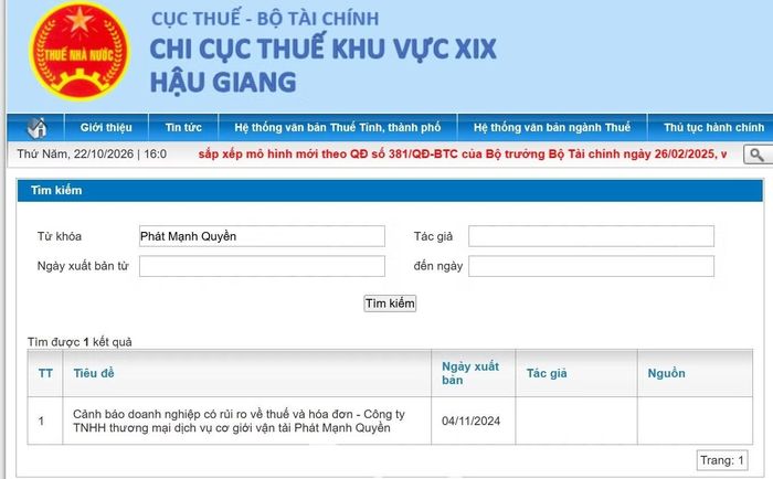 Công ty Phát Mạnh Quyền từng bị cảnh báo rủi ro về thuế và hóa đơn.