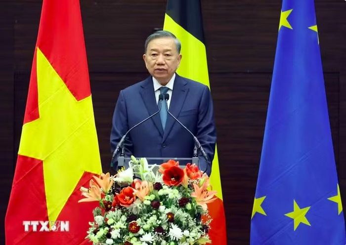 Tổng Bí thư, Chủ tịch nước Tô Lâm phát biểu tại Viện Quan hệ Quốc tế Hoàng gia Egmont. Ảnh: TTXVN