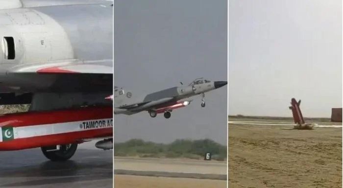Không quân Pakistan thử nghiệm bay thành công tên lửa Taimoor tự phát triển trong nước. Đây là dòng tên lửa hành trình phóng từ trên không (ALCM) có khả năng tấn công các mục tiêu trên đất liền và trên biển ở khoảng cách 600 km. Ảnh: thedefensenews.com