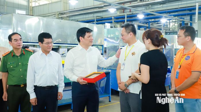Phó Bí thư Tỉnh ủy Nguyễn Thanh Bình trao đổi cùng lãnh đạo Công ty TNHH Giầy Andromeda Việt Nam. Ảnh: Thành Duy