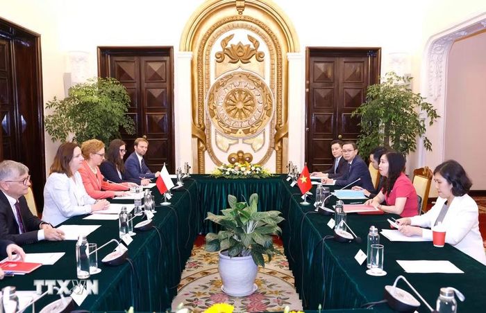 Sáng 30/5/2024, tại Hà Nội, Thứ trưởng Ngoại giao Lê Thị Thu Hằng và Phó Quốc vụ khanh Bộ Ngoại giao Ba Lan Anna Krystyna Radwan-Rohrenschef đồng chủ trì Tham vấn chính trị cấp Thứ trưởng Ngoại giao Việt Nam-Ba Lan. (Ảnh: Doãn Tấn/TTXVN)