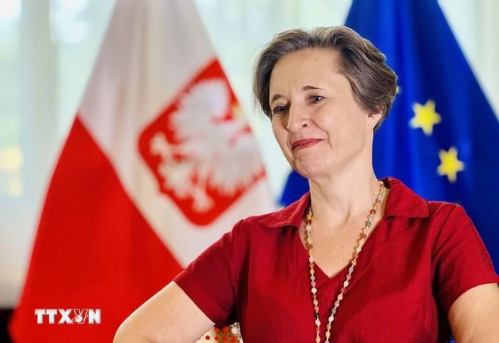 Đại sứ Cộng hòa Ba Lan tại Việt Nam Joanna Skoczek trả lời phỏng vấn của phóng viên Thông tấn xã Việt Nam. (Ảnh: Việt Đức/TTXVN)