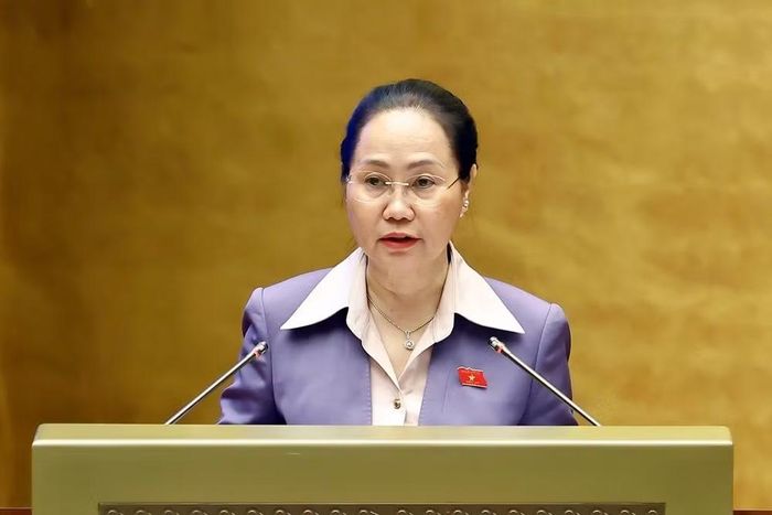 Bộ trưởng Bộ Văn hóa, Thể thao và Du lịch Lâm Thị Phương Thanh, thừa ủy quyền của Thủ tướng Chính phủ trình bày Tờ trình về dự án Luật Phát triển công nghiệp văn hóa. (Ảnh: Doãn Tấn/TTXVN)