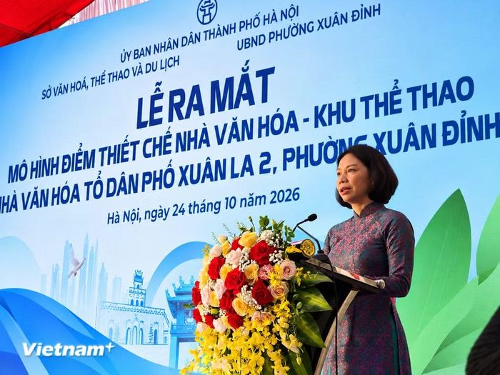 Phó Chủ tịch Ủy ban Nhân dân Thành phố Hà Nội Vũ Thu Hà phát biểu tại buổi lễ. (Ảnh: Minh Anh/Vietnam+)
