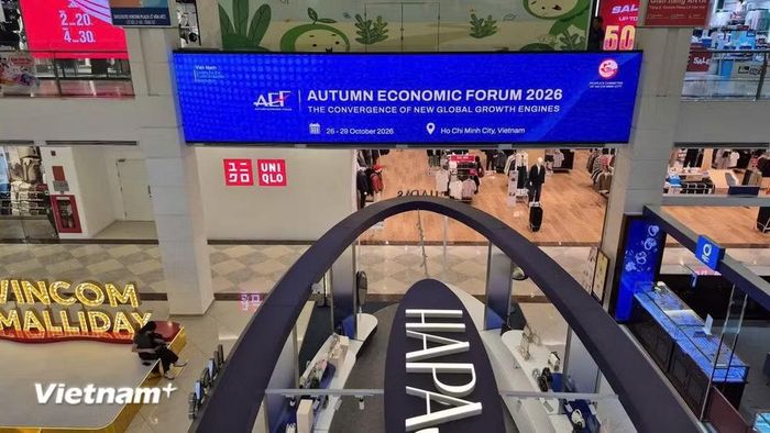 Quảng bá sự kiện tại Trung tâm thương mại. (Ảnh: PV/Vietnam+)