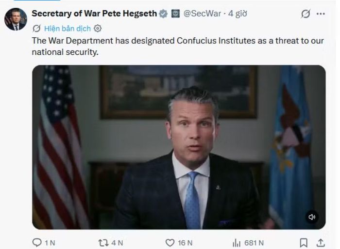 Ông Pete Hegseth phát biểu trên X hôm 23/10 về các Viện Khổng Tử Trung Quốc trong các trường đại học Mỹ. Ảnh chụp màn hình.