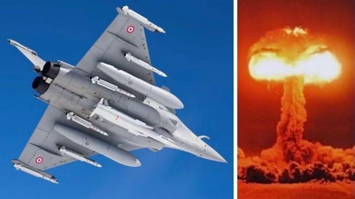 Máy bay Rafale mang tên lửa hạt nhân ASMP-A (bên trái) và hình ảnh vụ nổ hạt nhân. Ảnh: MW.