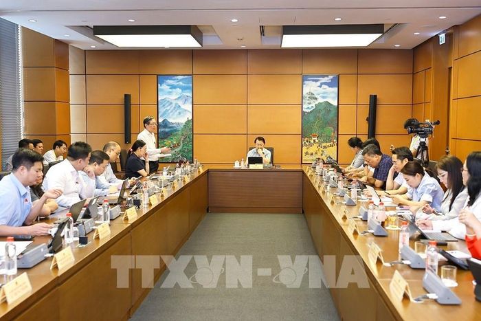Đoàn đại biểu Quốc hội các tỉnh An Giang và Lai Châu thảo luận ở tổ. Ảnh: Doãn Tấn - TTXVN
