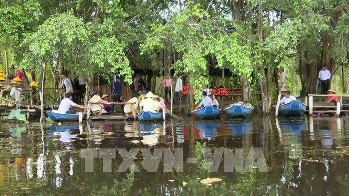 Du khách ngồi thuyền trải nghiệm, tham quan cảnh quan thiên nhiên ngập nước xanh mát, rợp bóng cây tại Làng nổi Tân Lập, tỉnh Tây Ninh. Ảnh: Thanh Bình -TTXVN