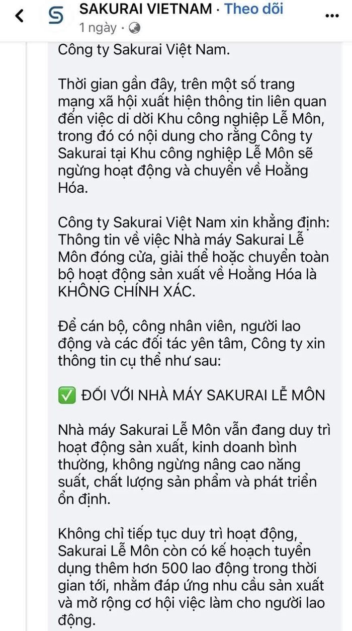 Thông tin đính chính trên trang facebook của Công ty Sakurai Việt Nam