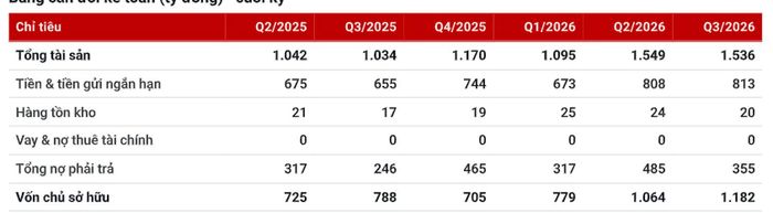 Tình hình tài chính của VLB từ 2025 đến cuối quý III.2026. Nguồn TCBS