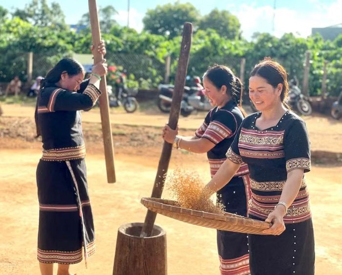  Phụ nữ làng Ktăng tái hiện các hoạt động sàng sảy, giã gạo chày đôi. Ảnh: Lam Nguyên 