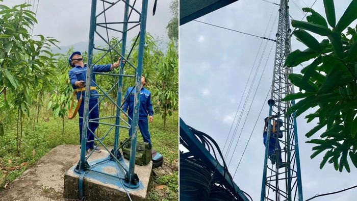 Anh Phạm Văn Trọng - Tổ trưởng tổ Kỹ thuật Trung tâm Viễn thông Văn Yên thắt dây an toàn và trực tiếp trèo lên cột sóng để kiểm tra cáp dây, mấu nối.